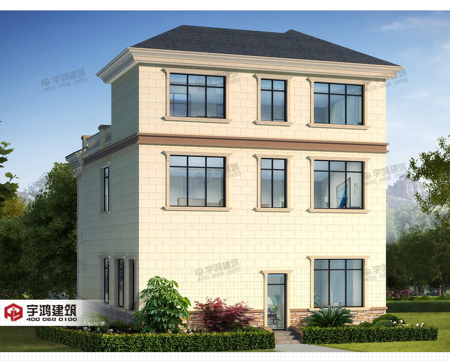 高端大氣三層農(nóng)村別墅設(shè)計(jì)圖，帶挑空客廳，框架結(jié)構(gòu)
