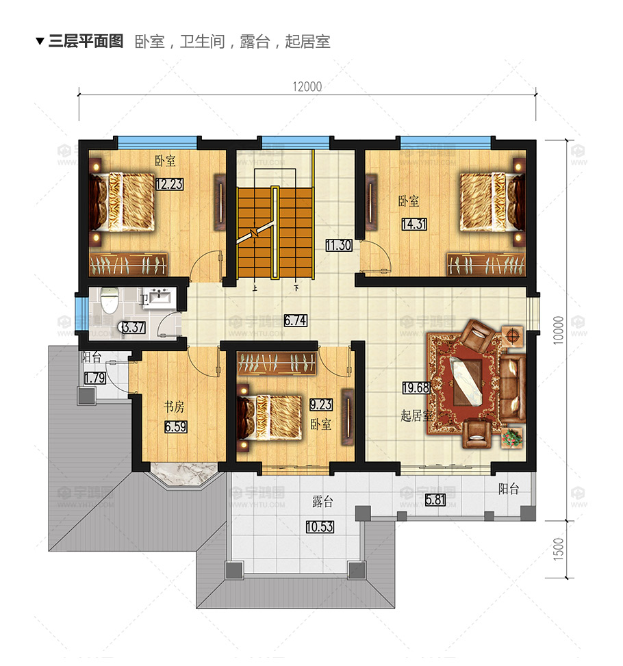 120平方米帶客廳中空農(nóng)村房屋設(shè)計(jì)圖紙，外觀高端大氣
